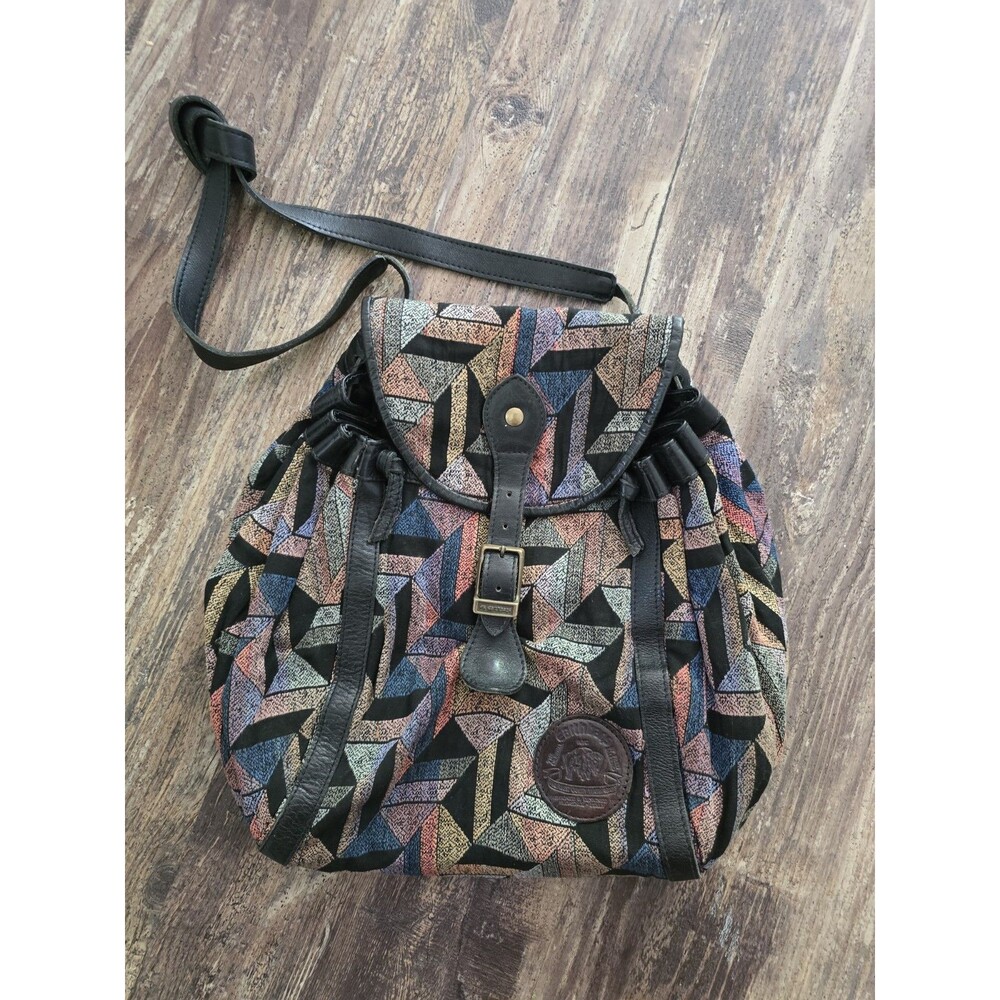 Earthbags Inc Vintage Tapestry Bucket Bag Geometric Pattern Leather Trim Boho...